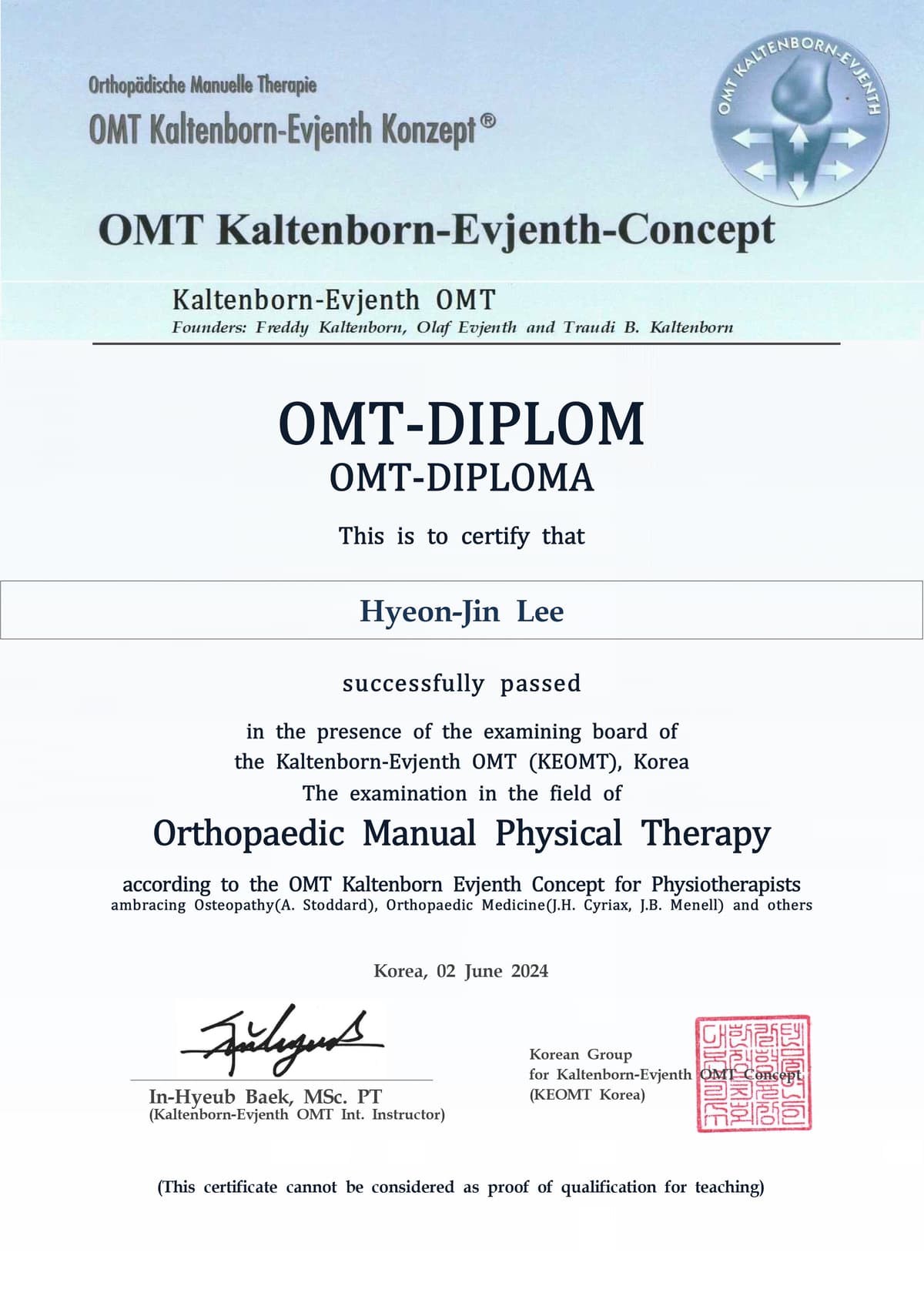 OMT Kaltenborn-Evjenth 도수치료 전문가 자격증 - 이현진 치료사